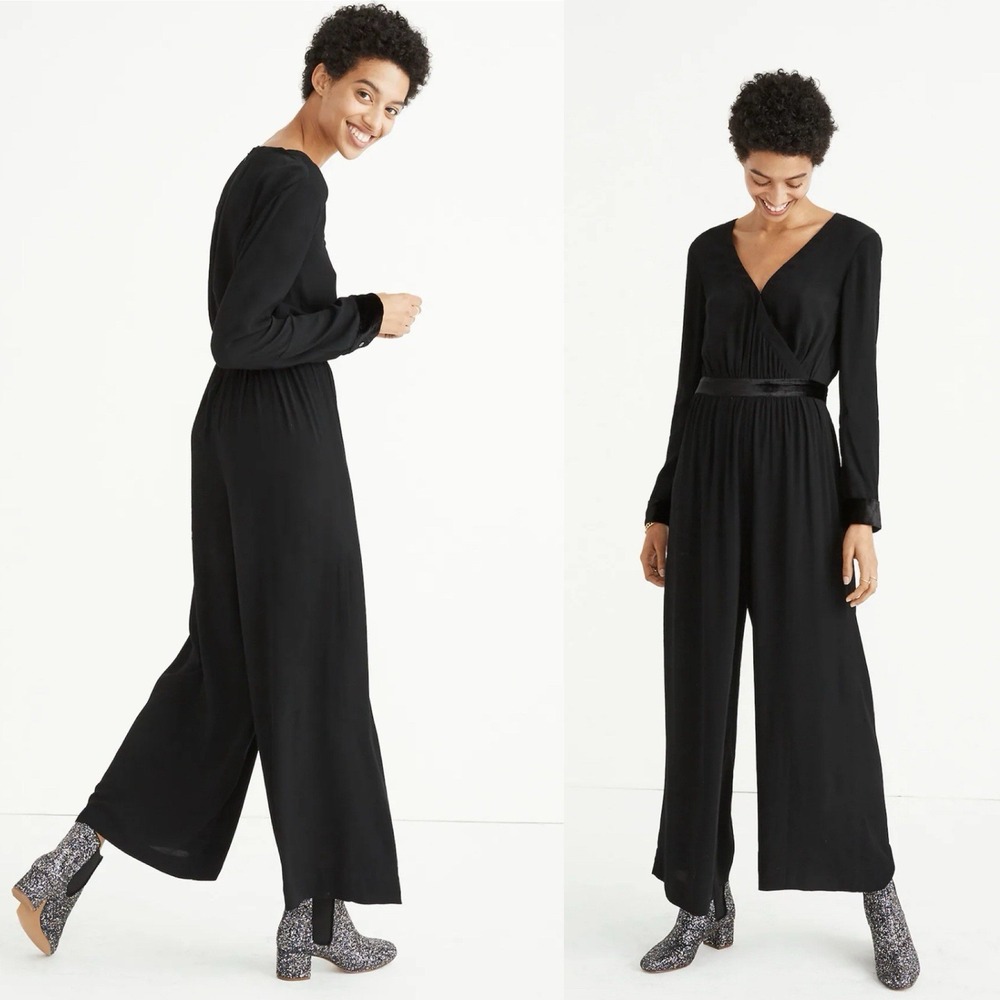 MADEWELL Velvet-Trimmed‎ Tie Jumpsuit Black Size 12 Formal